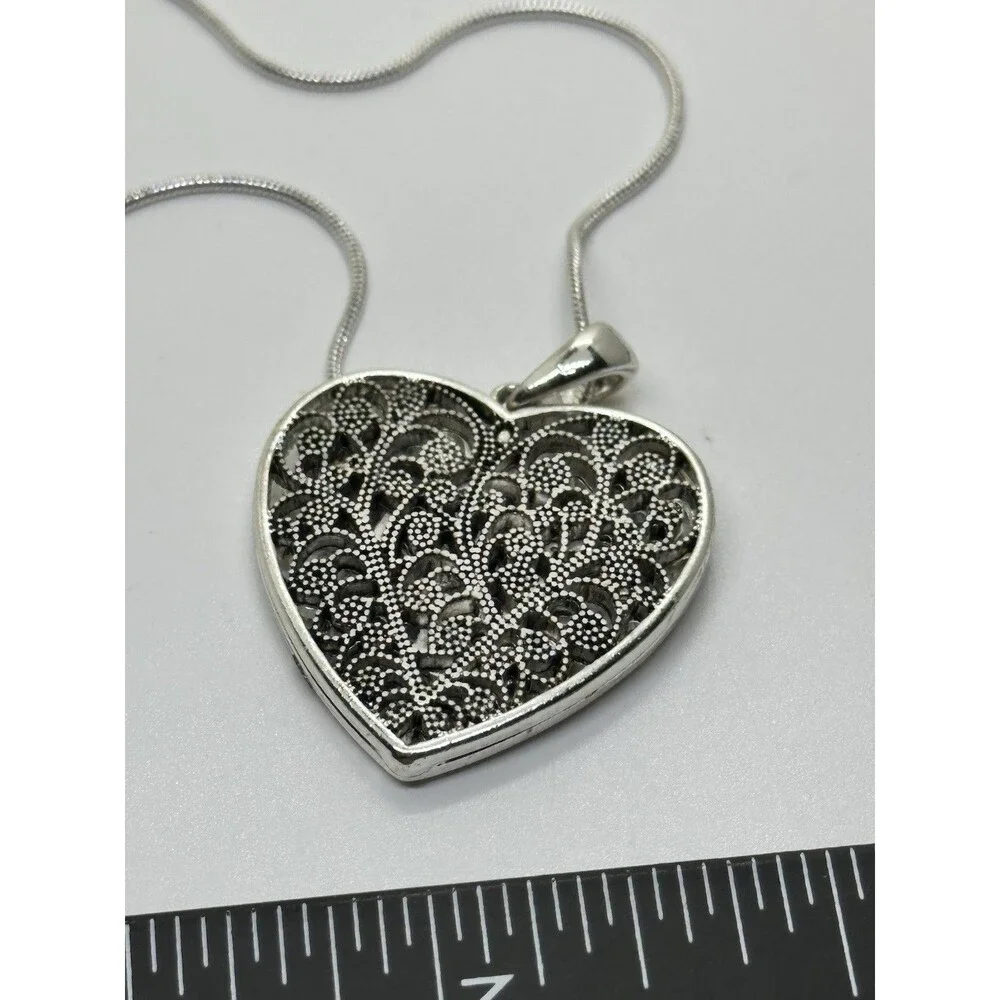 Filigree Heart Pendant Necklace Silver Tone Cottagecore Romantic